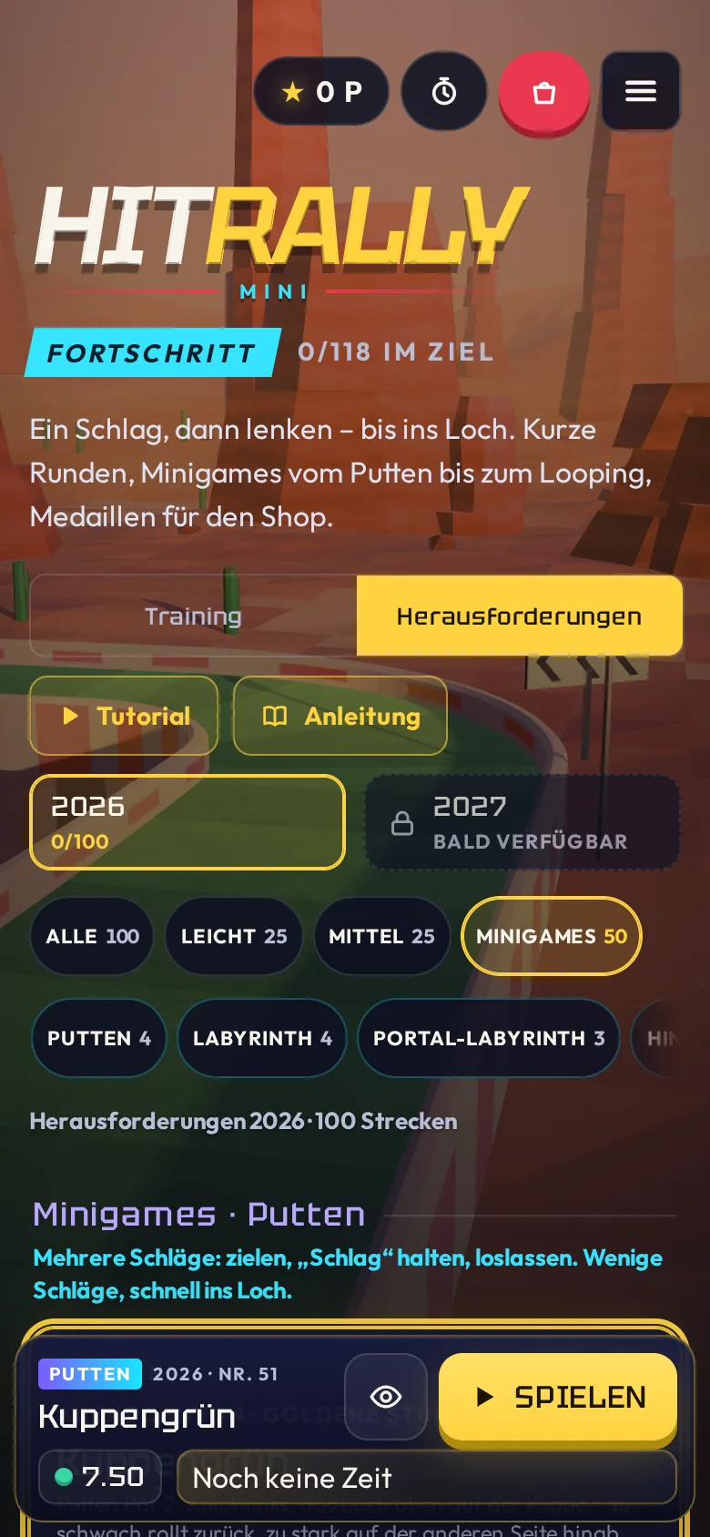 HitRally Mini auf dem Handy mit dem Katalog der Minigames