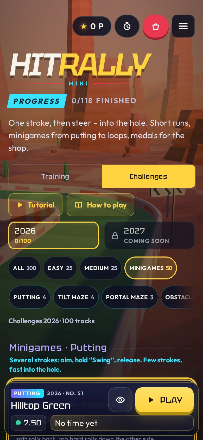 HitRally Mini on a phone showing the minigame catalog