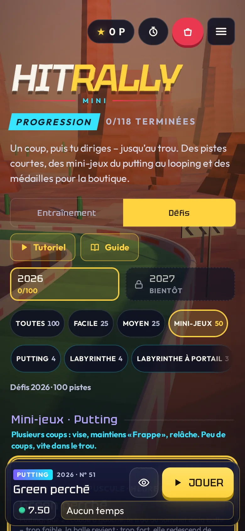 HitRally Mini sur smartphone avec le catalogue des mini-jeux