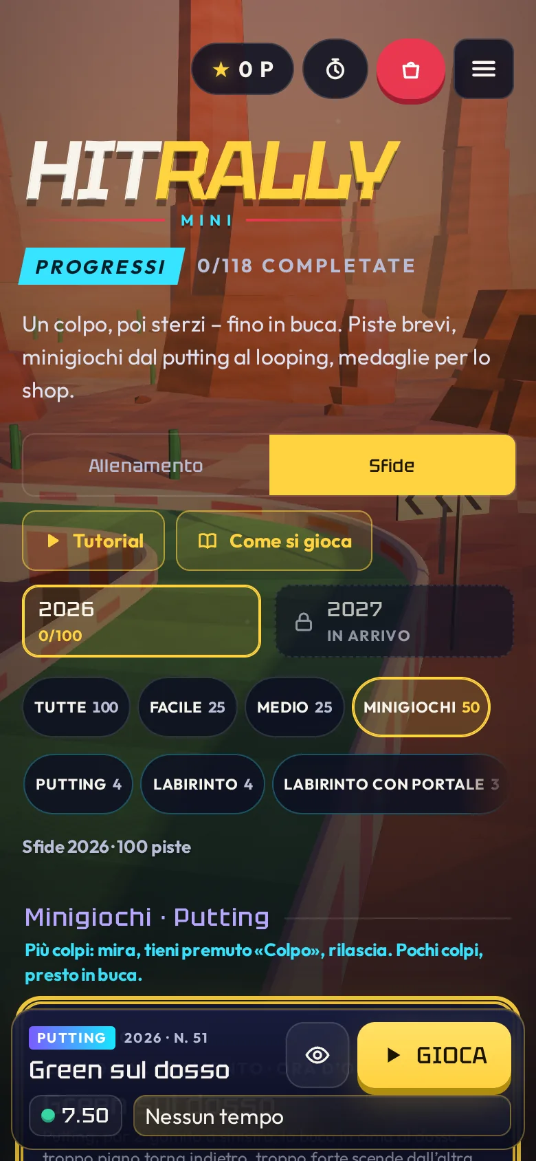 HitRally Mini sullo smartphone con il catalogo dei minigiochi