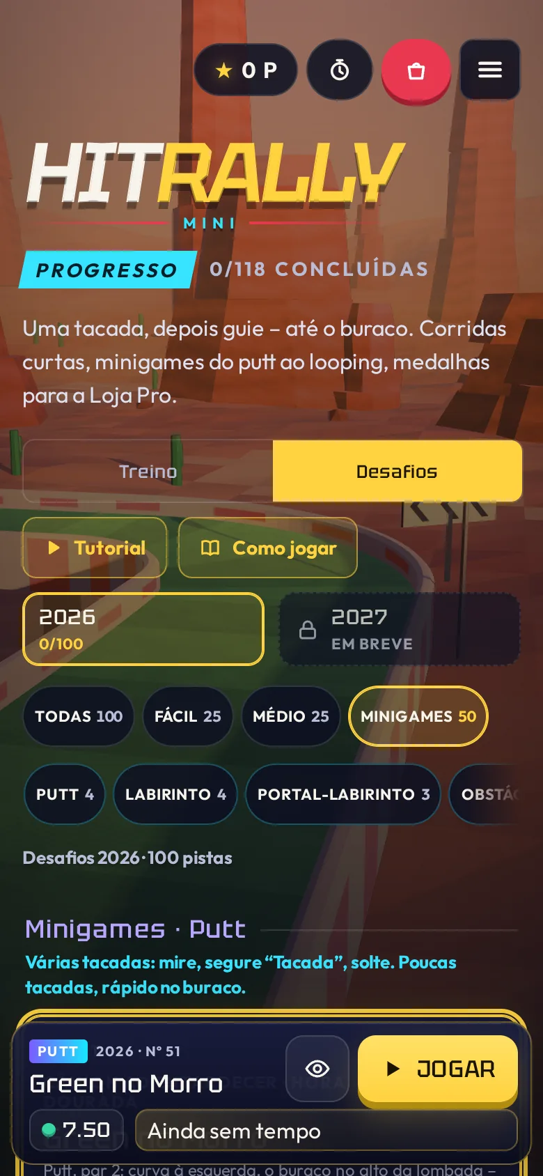 HitRally Mini no celular com o catálogo de minijogos