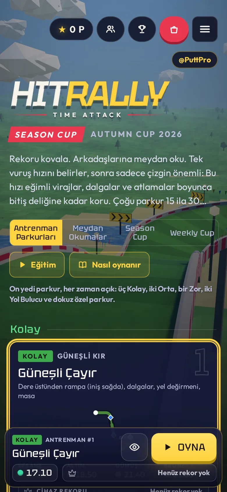 Telefonda HitRally: Time Attack parkur menüsü